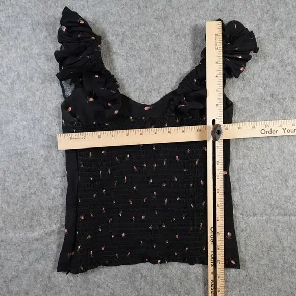 Reformation Top Womens 2 Elena Coco Black Rose Floral Ruffle Sweetheart Crepe - Picture 5 of 10